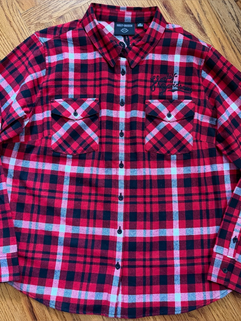 Harley-Davidson Red Black White Plaid Flannel Shirt Button Up